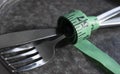 Empty plate, fork and knife clean , measuring tape nutritionbalance Royalty Free Stock Photo