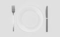 Empty plate, fork and knife - isolated over white 3d render illustration Royalty Free Stock Photo