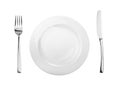 Empty plate, fork and knife isolated on white, without shadow Royalty Free Stock Photo