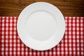 Empty plate with fork and knife on tablecloth over