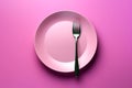 Empty plate with fork on pink background. Served cutlery, minimal table setting. Menu mockup, space for text, diet concept. AI