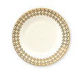 Empty plate with golden pattern edge, White round plate features a beautiful gold rim, View from above isolated on white backgroun Royalty Free Stock Photo