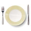Empty plate with ivory-colored design with knife and fork isolated. View from above