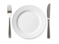 Empty plate with knife and fork on a white background.