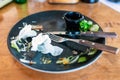 Empty plate left after dinner.Dirty dish after eaten with knife and fork Royalty Free Stock Photo