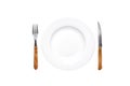 Empty plate old rustic fork and knife isolated over white background Royalty Free Stock Photo