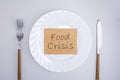 Empty plate with poster of food crisis.