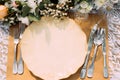 Empty plate with silverware on table, void