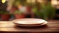 Empty plate on wooden table with blurred background, AI Royalty Free Stock Photo