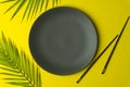 Empty plate on a yellow background. Empty plate for asian and chinese food and cuisine with chinese chopsticks Royalty Free Stock Photo