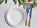 Table setting for dinner. White plates, napkins and flower decorations close-up. Festive tableEmpty plates on festive served dinne Royalty Free Stock Photo