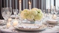 Empty plates, glasses, candles candles modern with flowers festive luxury spring decoration