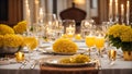 Empty plates, glasses, candles the table with flowers festive luxury dining decoration Royalty Free Stock Photo