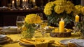 Empty plates, glasses, candles the table with flowers festive luxury dinner