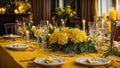 Empty plates, glasses, candles the table with flowers festive luxury