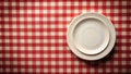 Empty plates on a red and white checkered tablecloth, ready for a meal. Generative AI Royalty Free Stock Photo