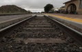 Empty platform and railroad tracks at Lamy depot - 2 Royalty Free Stock Photo