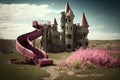 empty playground with castle and slide, surrounded by blooming flowers Royalty Free Stock Photo