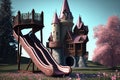 empty playground with castle and slide, surrounded by blooming flowers Royalty Free Stock Photo