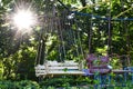 An empty playground in park, which is forbidden to visit during the quarantine period of the pandemic of COVID-19 disease caused