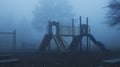 An empty playground shrouded in thick fog gives a sense of eeriness and desolation highlighting the feeling of