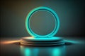 Empty plinth neon light round shape abstract background. Generative AI Royalty Free Stock Photo