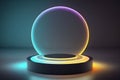 Empty plinth neon light round shape abstract background. Generative AI Royalty Free Stock Photo