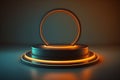 Empty plinth neon light round shape abstract background. Generative AI Royalty Free Stock Photo