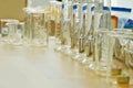 Empty podium glass with glass geometric platform. science laboratory test tubes, chemical laboratory equipment. Research