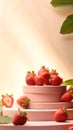 Empty podium on light architectural background surrounded by strawberries