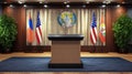Empty podium with microphone in formal international conference room setting, surrounded by flags and world map Royalty Free Stock Photo