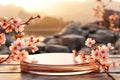 Empty podium with cherry blossom branches against asian landscape background