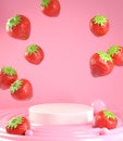 Empty Podium For Show Product With Strawberry Falling On Cream Abstract Background 3d Render