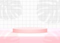 Empty podium studio pink and white tiles background with Monstera Leaf shadow for product display. Showroom shoot render.