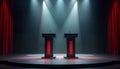 Empty podiums on stage for debate presentation. Dimly lit auditorium with spotlights dais. Ready for speakers panelists. Event Royalty Free Stock Photo