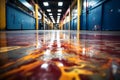 empty polished epoxy abstract orange stained floor in warehouse, Generative Ai