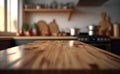 Empty polished wooden tabletop against blurred kitchen, Generative AI