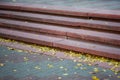 Empty porch of the school covered in yellow autumn leaves Royalty Free Stock Photo