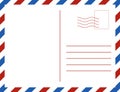 Empty postcard. Retro postal card letter. Vector vintage airmail template