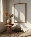 Empty poster frame against the wall in a bohemian interior setting Royalty Free Stock Photo