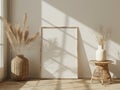Empty poster frame leaning against a wall in a bohemian interior Royalty Free Stock Photo