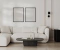 empty poster frame mock up in modern living room with white sofa and wall with moldings, black and white french style, 3d Royalty Free Stock Photo