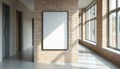 Empty poster frame mockup hanging on brick wall in campus corridor. Minimalist interior, academic atmosphere with window Royalty Free Stock Photo
