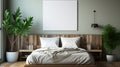 An empty poster frame mockup on the wall with natural bright light in the bedroom. AI Generated. Royalty Free Stock Photo