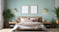 An empty poster frame mockup on the wall with natural bright light in the bedroom. AI Generated Royalty Free Stock Photo