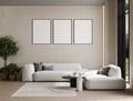 Empty poster frames on beige wall in living room interior with modern furniture and big window, gray sofa, loft, 3d render Royalty Free Stock Photo