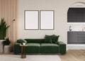 empty poster frames on beige wall in living room interior with modern furniture and decorative arch, green sofa and coffee table, Royalty Free Stock Photo
