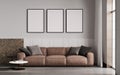 Empty poster frames on gray concrete wall in living room interior with modern furniture and big arch window, brown sofa, loft, 3d Royalty Free Stock Photo