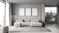 Empty poster frames on gray concrete wall in living room interior with modern furniture and big window, gray sofa, loft, 3d render Royalty Free Stock Photo