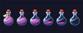 Empty potion flask. Cartoon game elixir usage sequence icon asset, colorful magic potion animation frames kit. Vector